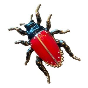 Vintage Enamel Beetle Bug Brooch Pin Red Black Gold Tone Back Insect Jewelry
